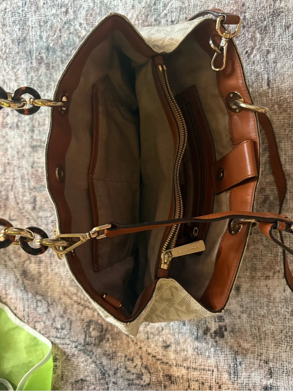 Michael Kors Beige MK Logo Tote with Brown Leather Straps
